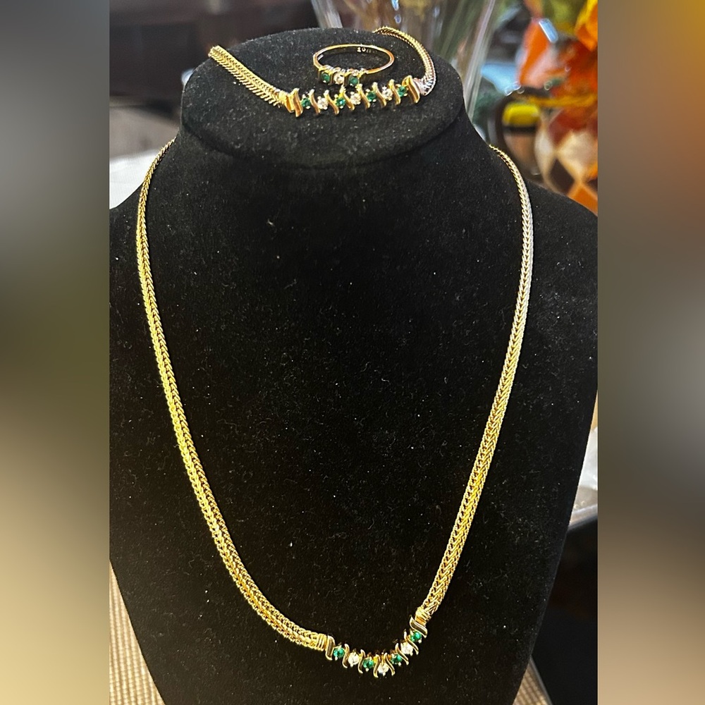 Vintage Gold Tone Korean Set/Colors Stones Necklace 18" Bracelet 8" & Ring 9.75